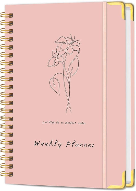 Undated Weekly Planner with Metal Corner Hardcover Notebook , A5 Size Journal with To Do List Planner, Habit Tracker,Weekly Goals for ADHD,Student, Office, Women, Men ,Gifts,6 x 8 inches，Spiral Bindding ,Pink