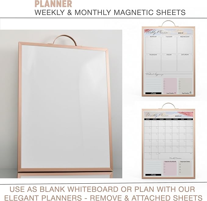 Rose Gold Magnetic Dry Erase Whiteboard 12 x 16 Double Sided, Portable Planner Board with Weekly Monthly Sheets, Write and Wipe to Do List Board, Includes 3 Markers Eraser 2 Magnets