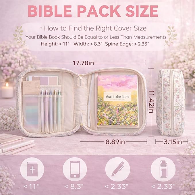 Bible Bag for Women, Bible Cover Case with Study Supplies,Large Quilted Bible Bag with Handle and Zipper, Suitable for Christian Books-Christian Gift for Girls(Small Floral Pattern)