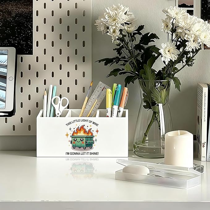 Funny Dumpster Fire Pen Pencil Holder for Desk, Coworker Gifts for Women Men, Dumpster Fire Gifts, This Little Light of Mine Wooden Box Sign Decorations for Office Workplace Desk Tabletop