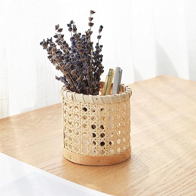 Handwoven Rattan Pen Holder, Cylindrical Desk Organizer, Natural Wicker Pencil Cup with Wooden Base for Office, Home, and Vanity - Boho Decor for Stationery, Makeup Brushes, etc.