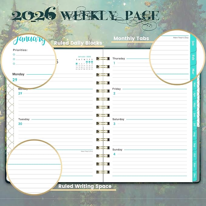 2026 Planner - 2026 Planner Weekly and Monthly with Tabs, Jan 2026 - Dec 2026, 6.4" x 8.5", 2026 Calendar Planner, Twin-wire Binding, Premium Paper, Hardcover, Back Pocket for Women & Men