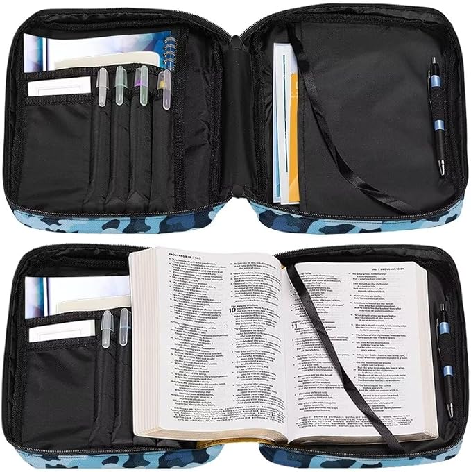 Coldinair Blue Camo Bible Cover for Kids Teen Men Church Bible Protective Book Case with Pen Slot Handle & Zippered Pocket Travel Christian Bible Accessories