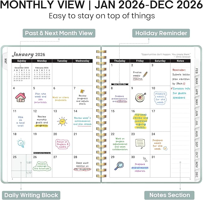 2026 Planner 8.5" x 11", Weekly and Monthly Calendar Planner Book, January 2026 - December 2026, Hardcover Spiral Planner with Monthly Tabs, Notes Pages, Perfect for Women & Men, A4 - Grey Blue