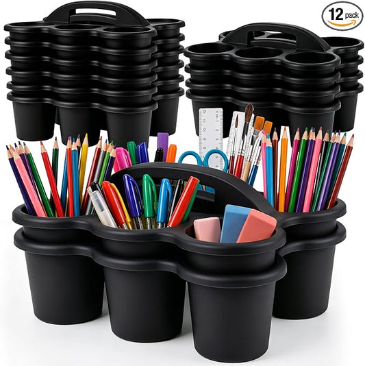 Novabright 12 Pack Classroom Caddy, Stackable Plastic Caddy Storage Basket with Handle for Kids, Table Desk Office Arts, Crafts, Crayon, Marker, Pencil, School Supplies (Black)