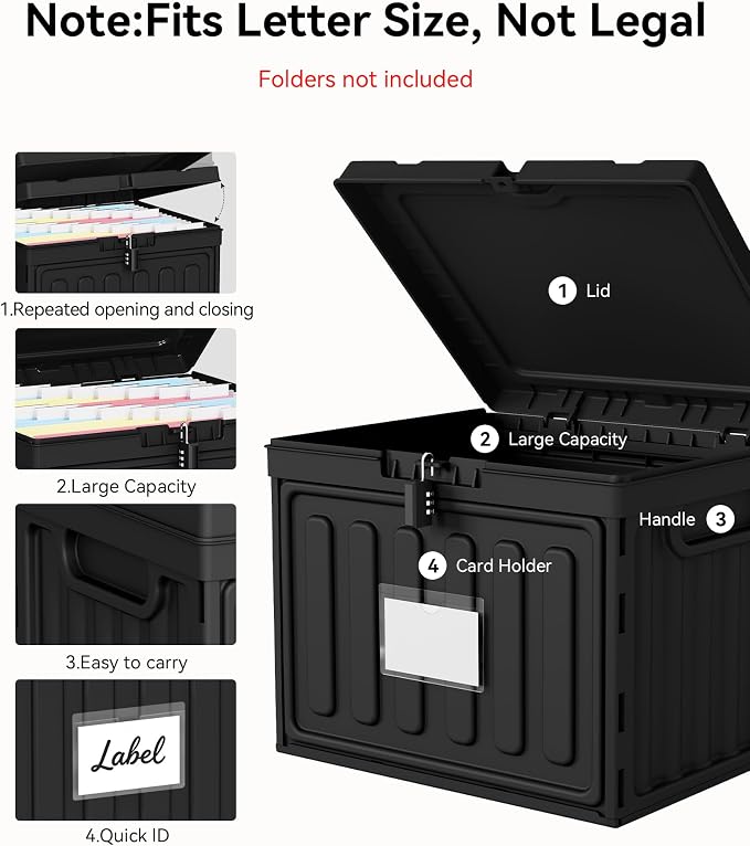 Oterri Plastic File Box with Lid for Letter Size Hanging File Folders, Hanging File Folder Box for Home, Office, School, File Cabinet, Black