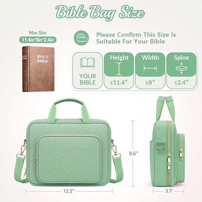 XKDOUS Bible Cover Case for Women, Quilted Large Bible Bag with Shoulder Strap, Bible Study Supplies with Highlighters, Tabs & Journaling Kit, Christian Gifts for Mom & Women (Light Green)