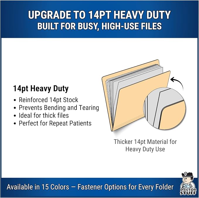 Tan File Folders, Doctor Stuff, Letter Size Reinforced End Tab Folder with 2" Bonded Fastener on Inside Front and Back, 14 pt Stock, Carton of 250