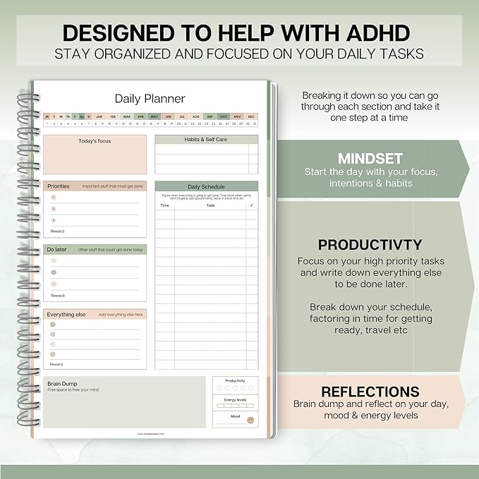 ADHD Daily Planner for Neurodivergent Adults - Productivity Daily Planner & Task Management to Stay Organized and Focused (Green)