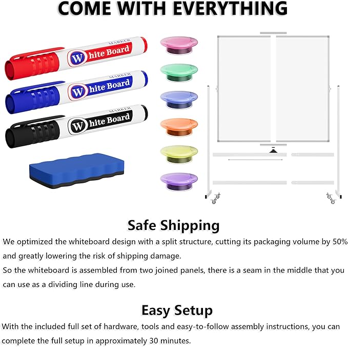 Large Rolling Whiteboard on Wheels, 48" x 48" Double-Sided Mobile White Board with Stand, 4' x 4' Portable Standing Magnetic Dry Erase Board Easel for Home Office Classroom School, Silver