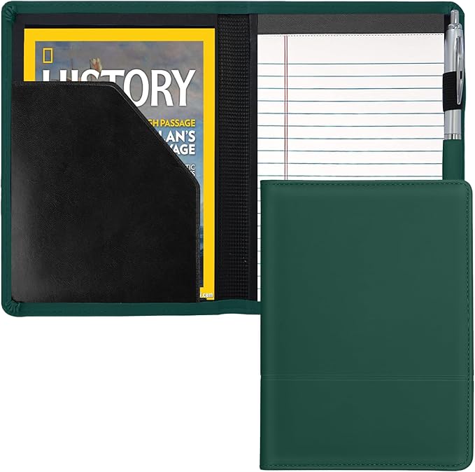 Padfolio/Portfolio Binder, Mini Padfolio Portfolio Binder 5 x 8 Legal Writing Pad, A5 Document Organizer Folder for Men Women, Dark Green.