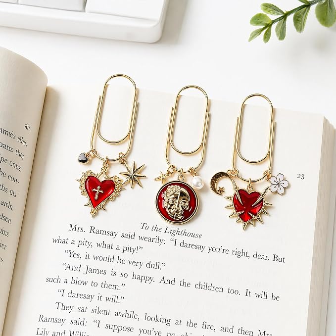 Wxiben Gothic Paper Clip Bookmark - 3 Pcs Red Heart Metal Paperclip Book Mark with Charms Page Marker Planner Decorative Paper Clips Gifts for Women Reading Book Lover School Accessories