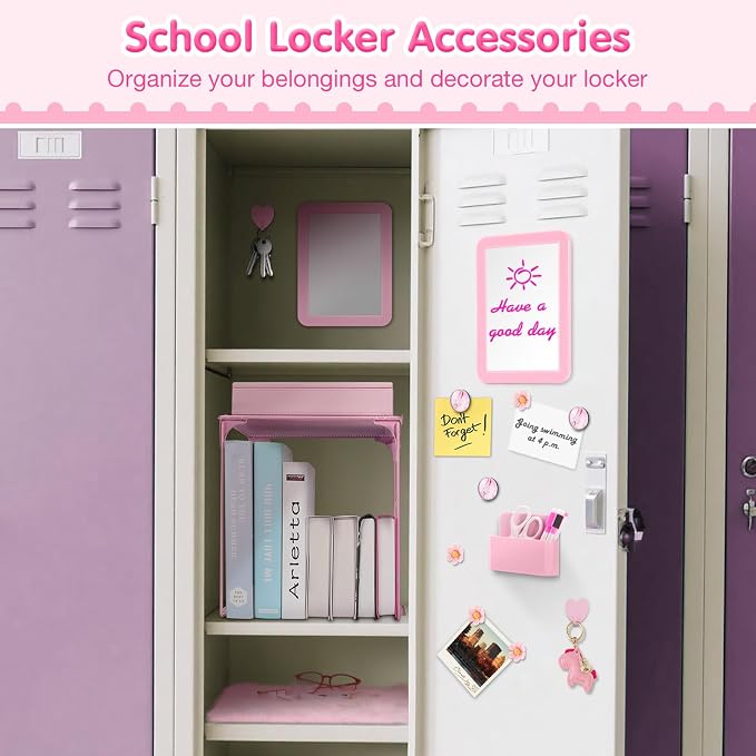 MoKo 17 Pcs Pink Locker Accessories for Girls, Cute Locker Accessories Kit with Mesh Shelf, Magnetic Dry Erase Board, Mirror, Marker Holder, Marker, Plush Rug, Magnets, Lockers Decor for School & Work