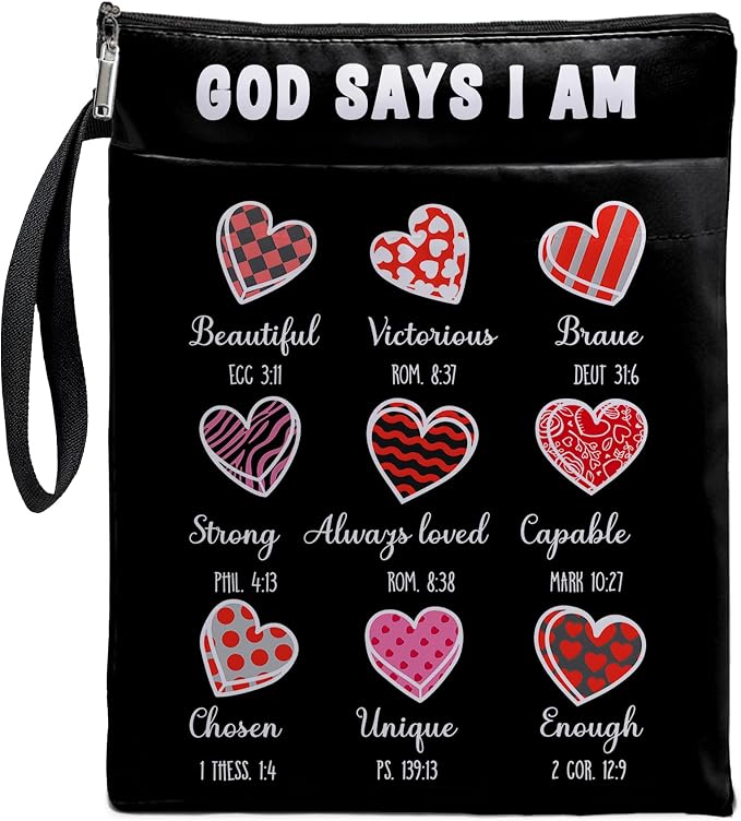 Book Cover Christian Inspired Gift, God Says I AM- Reusable Book Pouch, Christian Book Sleeve Bible Verse Sleeve for Book Lovers (Black-GOD SYAS, Large)