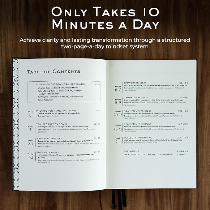 Business Brain Journal: 100-Day Guided Business Journal for Women & Men – Leather Journal Notebook for Success Mindset & Gratitude – Break Plateaus & Achieve Growth