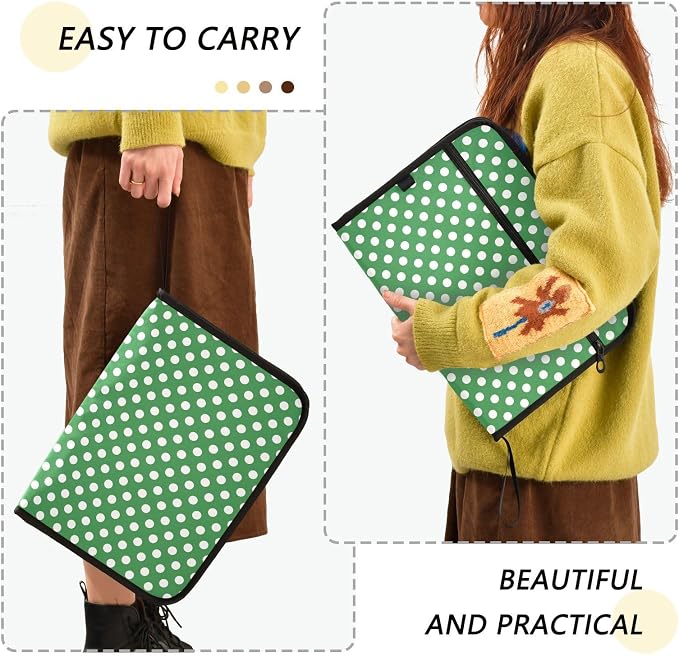 ALAZA Polka Dot Green White 13 Pocket Expanding File Folder with Labels, Accordion File Folder File Organizer Letter A4 Paper for Office School Student