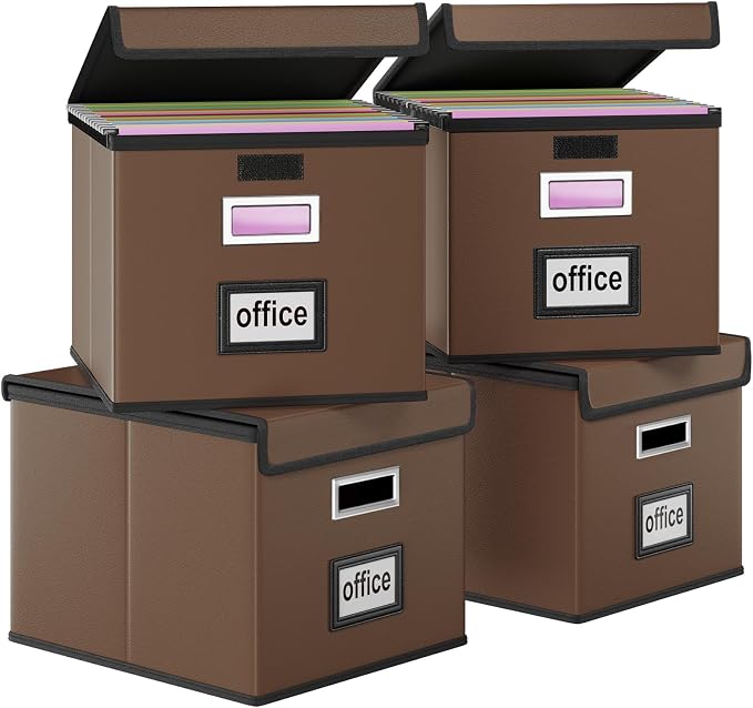 File Organizer Box with Lid, Collapsible Leather File Folder Organizer for Office Document Storage, Filing Box with Plastic Slide for Letter/Legal Size Hanging Files, Dark Brown, 4 pack