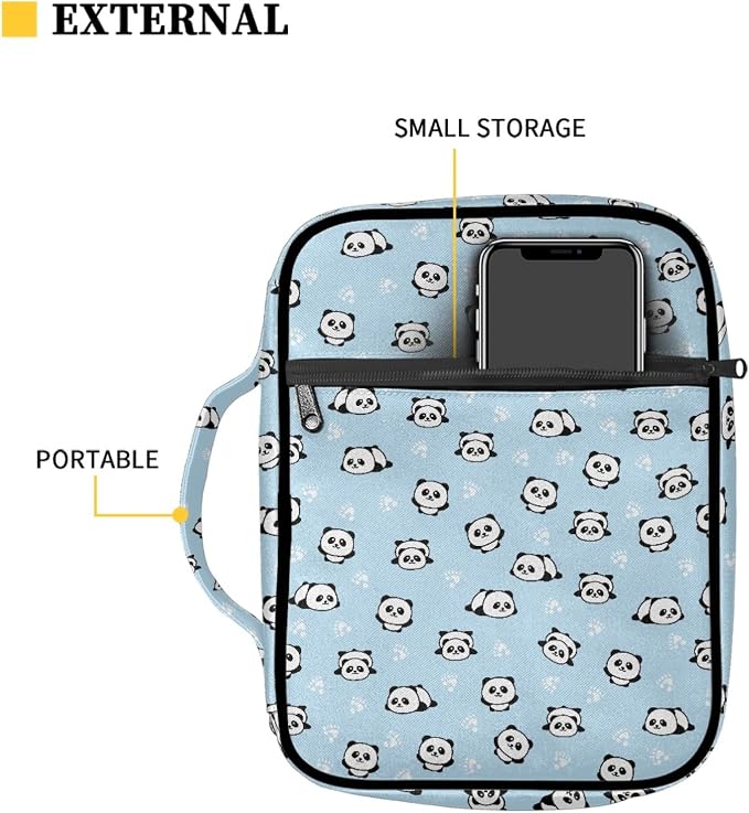 Coldinair Cartoon Pandas Blue Bible Covers for Women Girls Kids,Bible Case Bag Book Cover Scripture Carrying Case with Handle Pockets