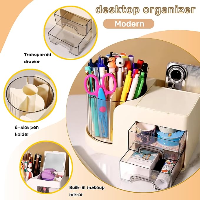Desk Organizer with 2 Drawer, 360°Rotating Pencil Holder for Desk , Multi-Functional Makeup Organizer, Workspace organizers for School, Home, Office Supplies, Desk Organizers and Accessories