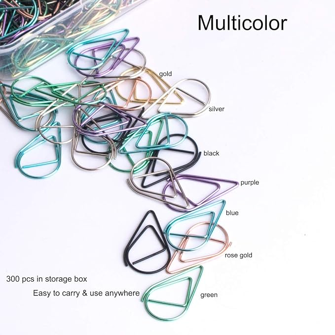 300 Pieces Multicolor Cute Paper Clips, Smooth Stainless Steel Drop-Shaped Colorful Wire Small Paperclips for Office Supplies Girls Kids School Students Paper Document Organizing by VENCINK