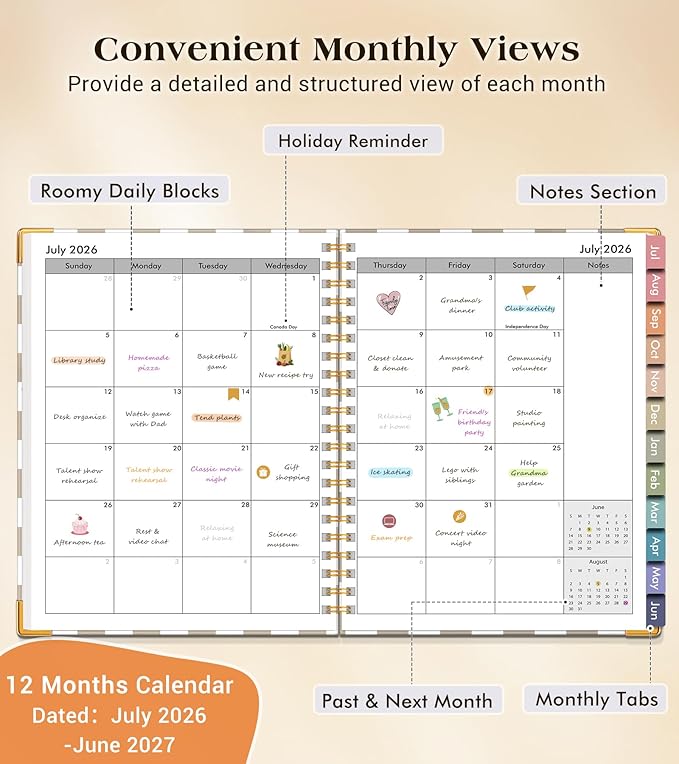 Academic Planner 2026-2027, Hardcover Weekly and Monthly Calendar Planner from July 2026 - June 2027, 6.1" x 8.2" A5 Daily Agenda with Tabs, College School Organizer for Student Teacher, Gingham