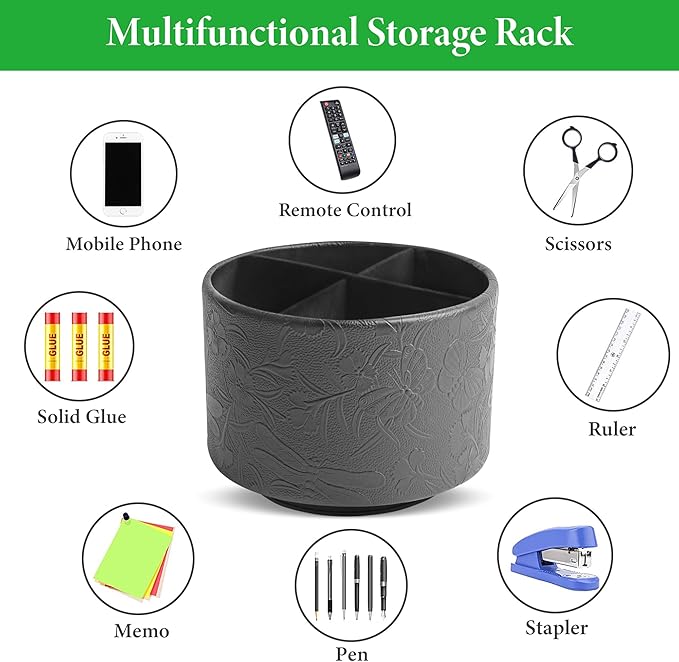 Round Leather Art Supply Organizer,Remote Control Holder,360-degree Rotating Pen Organizer with 4 Compartments(1-Butterfly Black)