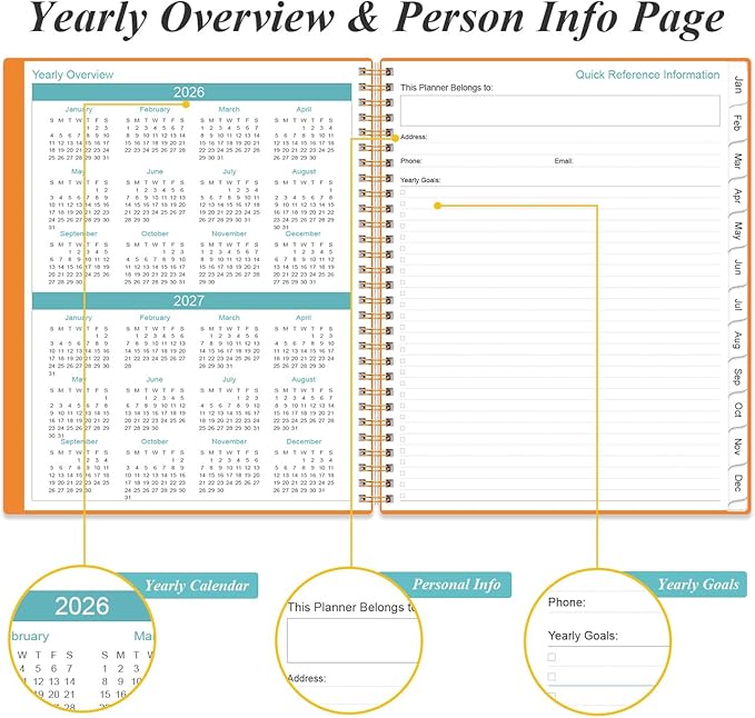 2026-2027 Planner - Planner 2026-2027 from July 2026 to June 2027 with 12 Monthly Tabs, Flexible Cover, Inner Pocket, 8.5" x 11", Orange-C