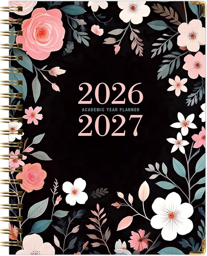 HARDCOVER Academic Year 2026-2027 Planner: 14 Months (May 2026 Through June 2027) 8.5"x 11" Daily Weekly Monthly Planner Yearly Agenda. Bookmark, Pocket Folder and Sticky Note Set (Black Floral Pink)