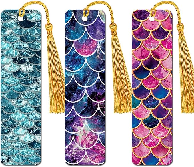 WIRESTER Set of 3 Metal Bookmarks with Light Gold Tassel - Blue Wave, Mosaic Mermaid Scale, Pink Mermaid Scales for Students, Readers, Teachers, Book Lovers