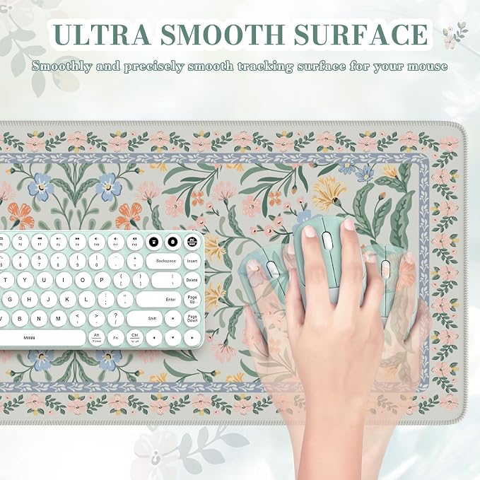 iCasso Aesthetic Floral Desk Mat, L Mouse Pads, Anti-Slip Mousepad with Stitched Edges, Waterproof Computer Pad 11.8"x31.5", Green Desk Accessories Office Decor for Women(Green Floral)