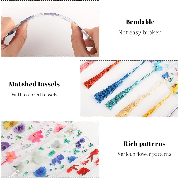 20Pcs Flower Resin Bookmark Transparent Floral Bookmarks for Women Cute Bookmarks Flower Page Marker with Tassels Graduation Gifts for Women