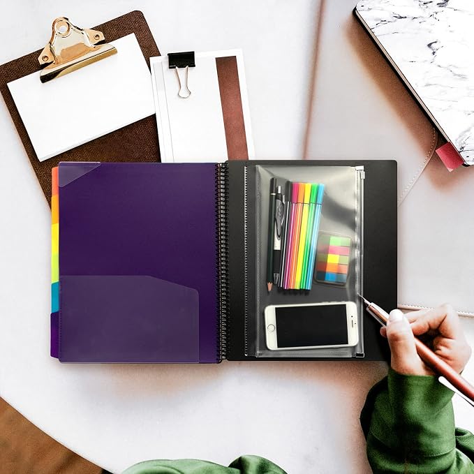 Mukawa 12 Pocket Poly Project Organizer, Spiral Project Folder Multi Pocket Folder Binder Letter Size, Back Cover Utility Pouch, 1/6 Cut Tabs, 6 Tab Color Dividers (Pack of 3)