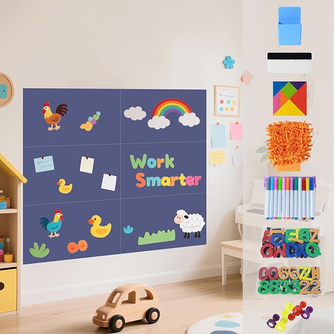 Magnetic Chalkboard Wall Decal Set of 6 Dusty Blue Magnetic Wall Decal for Kids Playroom Peel and Stick Magnet Sheets Magnetic Wall Sticker with Chalk Tangram Puzzle Accessories for Classroom
