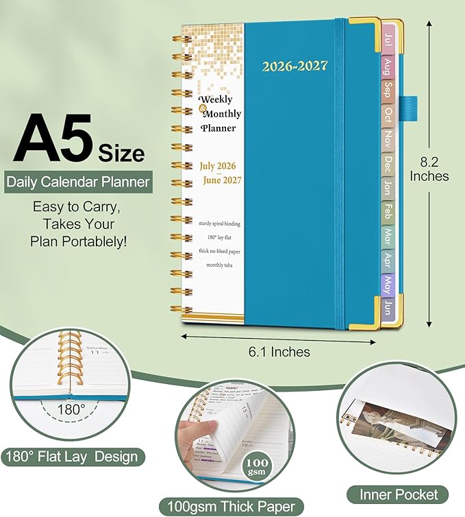 Academic Planner 2026-2027, Hardcover Weekly and Monthly Calendar Planner from July 2026 - June 2027, Daily Agenda Planners with Tabs, College School Organizer for Student Teacher, A5 (6.1" x 8.2"), Sky Blue