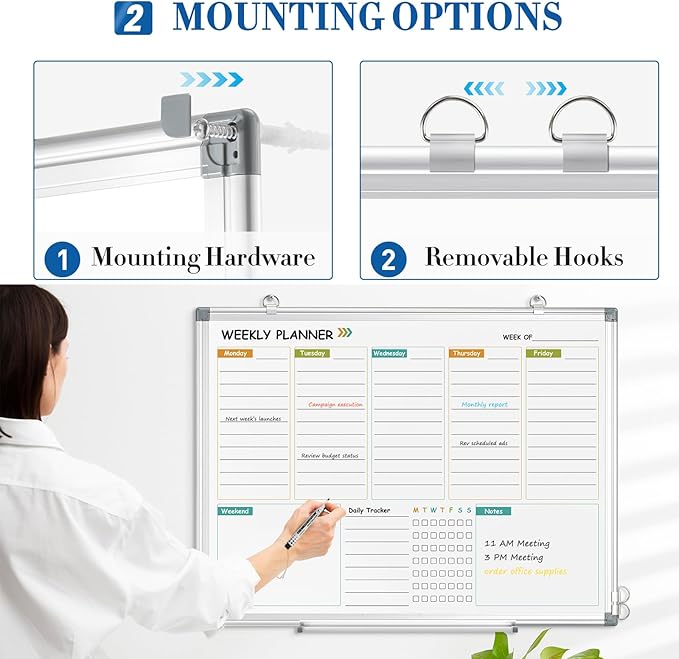 WALGLASS Weekly Dry Erase Calendar Whiteboard for Wall, 24" x 18" Double-Sided Weekly Planner White Board with Notes, Daily Tracker, Aluminum Framed Hanging & Wall Mount for Home, Office, School