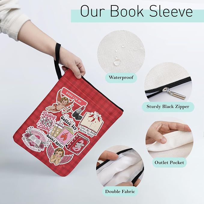 Y2K Book Sleeve Pouch Gifts for Women, Red Checkered Collage Style Book Covers for Paperbacks, Reading Accessories for Friends Book Lovers Reader Bookish Group Club with Pocket Handle