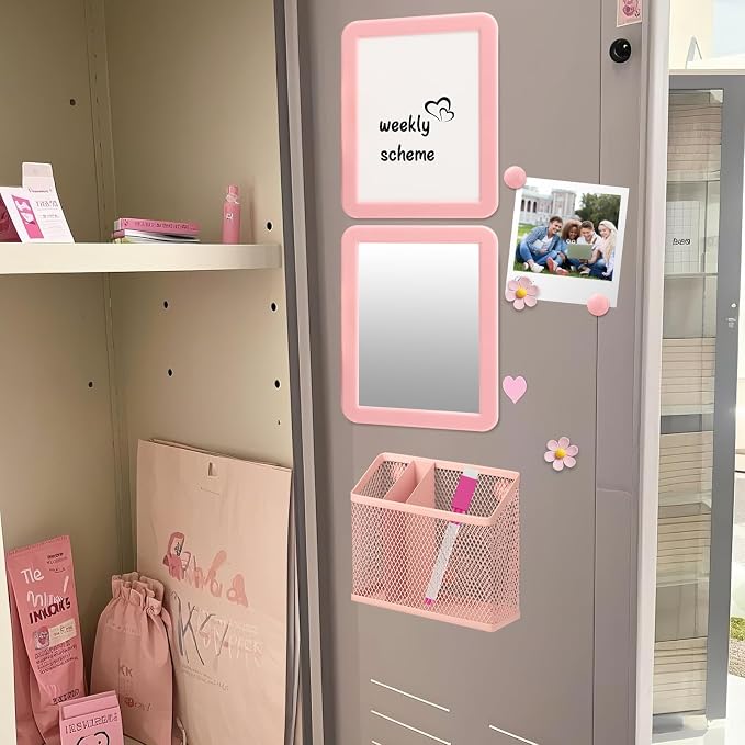 Magnetic Locker Accessories Set, Back to School Essentials (with Magnetic Whiteboard, Locker Mirror, Pen Holder, Marker, Round Magnet) School Locker Decor, Work Locker Organizers-Pink