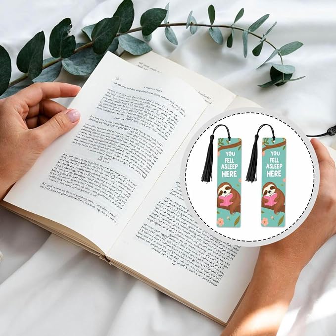 Funny Sloth Bookmarks 5 Pcs with Tassels Tree Branch Green Leaves Wooden Bookmarks for Reading Women Students Teacher Reader