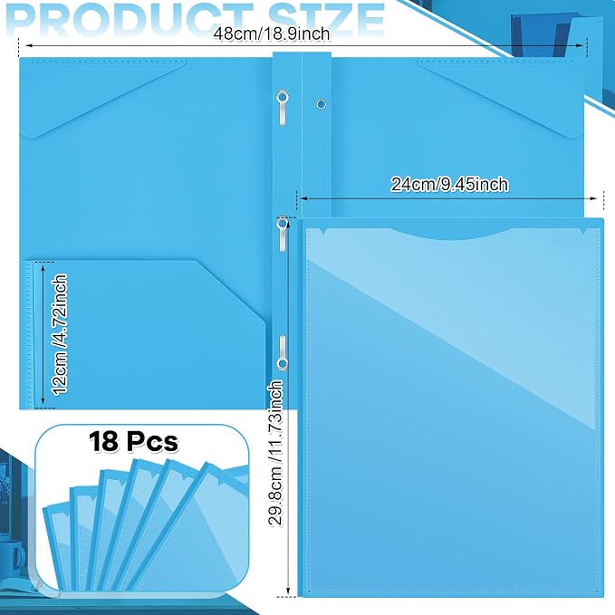 Henoyso 36 Pcs Plastic Folder with Clear Front Pocket and 3 Prong Plastic Folders with Card Slot Pocket Folders with Prongs for School Office (Lake Blue)