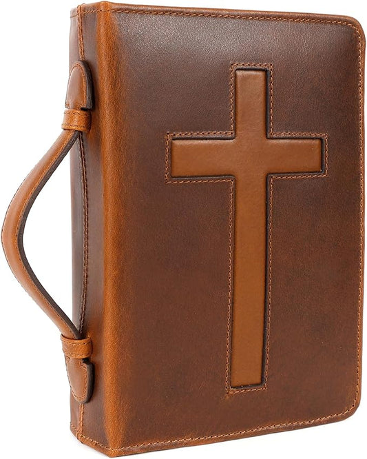 ELIZO Leather Bible Cover Bible Case for Men Women Genuine Leather Bible Bag Holder Cross Large Carrying with Zipper Case Protector Christian Religious Gifts for Mens (Cognac/Tan, Standard/Small)