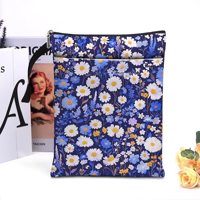Flower Pattern Book Sleeve,Book Lovers Gifts Waterproof Book Cover for paperbacks with Zipper and Front Pocket Book Pouch for Women Teacher Birthday Graduation Christmas Gifts (Wildflower1605)