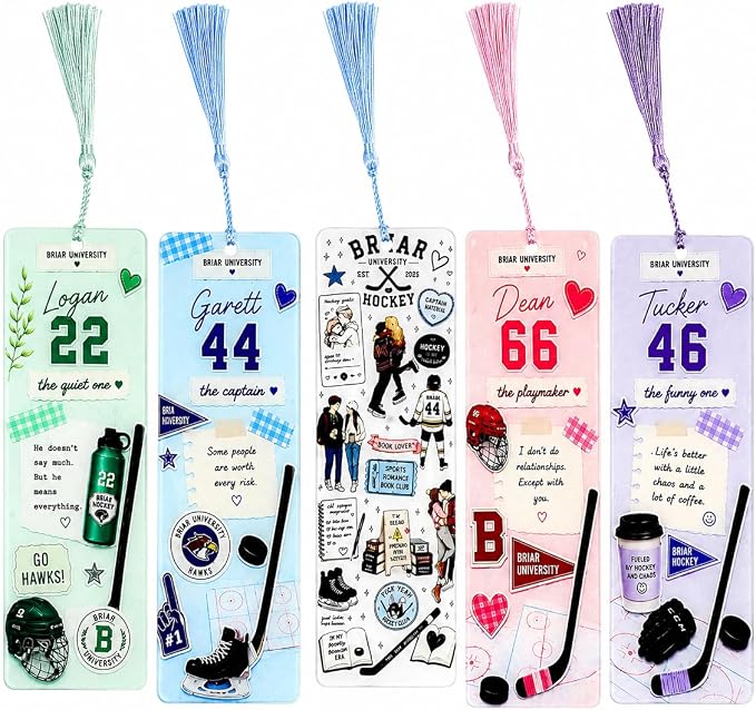 Off-Campus Acrylic Bookmark Set with Tassels, Double-Sided Hockey Romance Bookmarks Featuring Garrett, Logan, Dean & Tucker, Bookish Reader Gift for Romance Book Lovers(5 Piece)