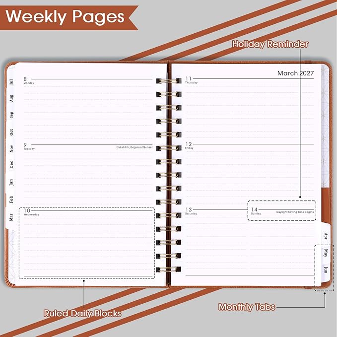 Planner 2026-2027 - Weekly & Monthly 2026-2027 Planner with Twin-Wire Binding, JULY 2026 - JUNE 2027, 6.3" x 8.4", Hardcover with Monthly Tabs, Back Pocket, Thick Paper - Brown