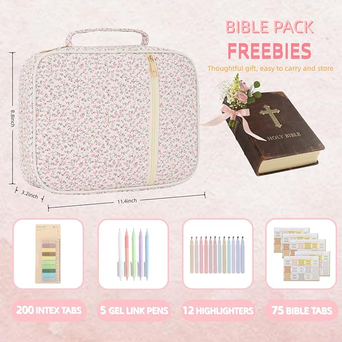 Bible Cover Case for Women Large Bible Cover Bag Bible Study Supplies Accessories Handle Quilted Bible Carrying Case for Girls Christian Gifts for Women