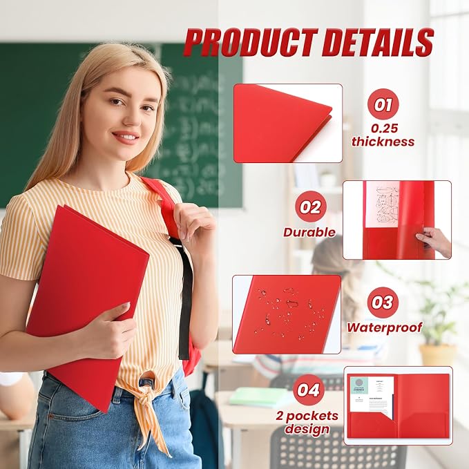 Gueevin 100 Pack Plastic Folder with Pockets, 2 Pocket Folders, Plastic Glossy Folders Fit Letter Size Paper, Heavy Duty Durable File Folder with Business Card for Home Office School (Red)
