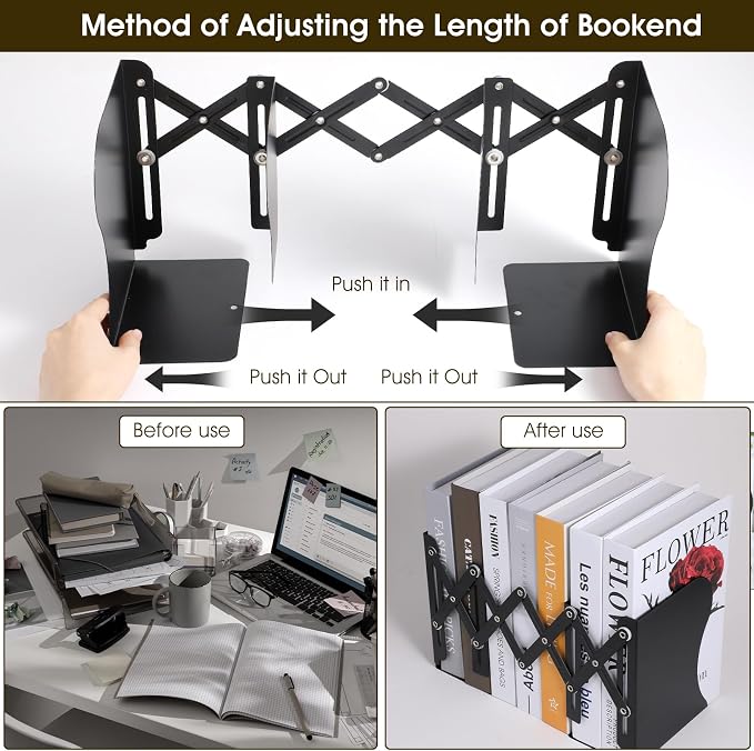 2 Pack Adjustable Bookends for Heavy Books - Expandable Book Ends to Hold Books Heavy Duty, Metal Book Organizer with Anti-Slip Design for Shelves, Desk & Office (Black)