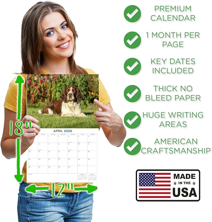 2025 2026 English Springer US Calendar - Dog Breed Monthly Wall Calendar - 12" x 18" Open - Thick No-Bleed Paper - Giftable - Academic Teacher's Planner Calendar Organizing & Planning - Made in USA