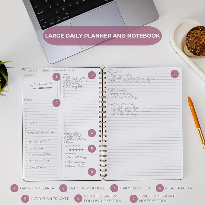 Undated Daily Planner | 8.25” x 11.75” To Do List Notebook | Work Productivity ADHD Organizer | Men and Women Planner | College Supplies | Black | Portrait Layout