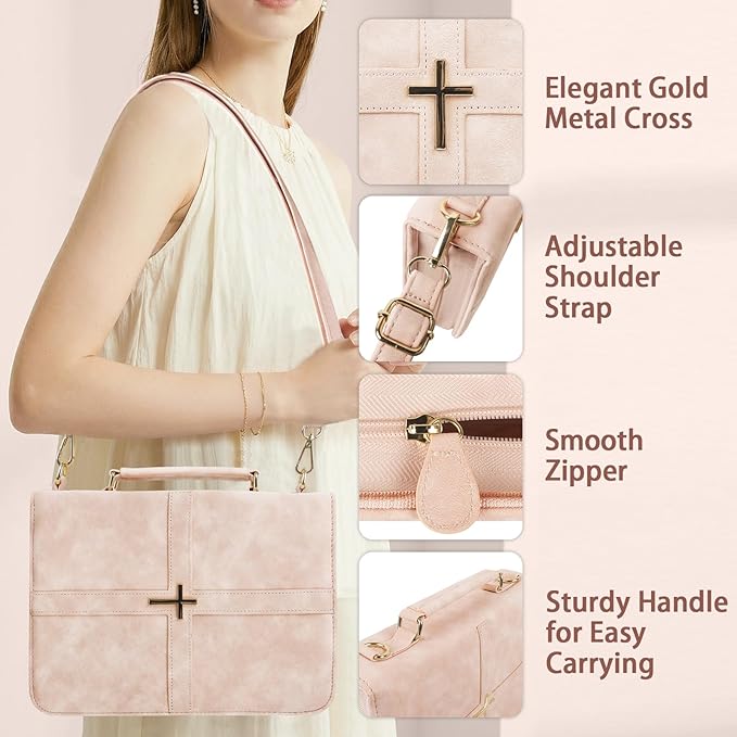 Classic Leather Bible Cover Case with Cross Design and Handle & Shoulder Strap for Women, Durable Bible Study Supplies Organizer Carrying Bag, Christmas Gifts for Christians with Gift Box（Pink