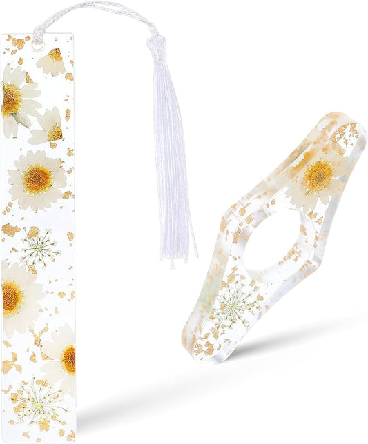 Gjinxi 2Pcs Book Page Holder, Dried Flower Resin Thumb Book Page Holder and Bookmark with Tassel, Book Accessories for Reading Lovers, Gift for Bookworm, Readers, Literary, Students, Teachers (White)